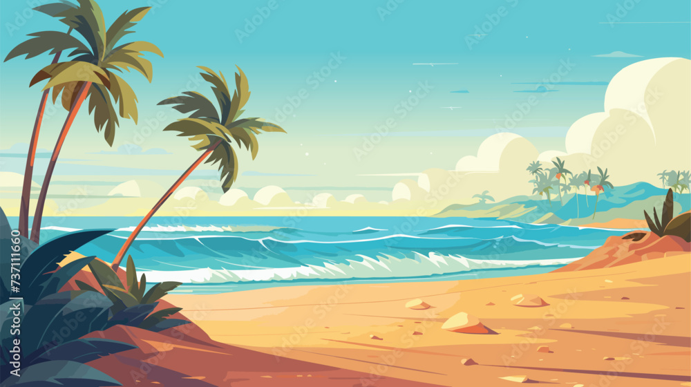 Tropical fantasy beach summer background, vector illustration, seaside view poster