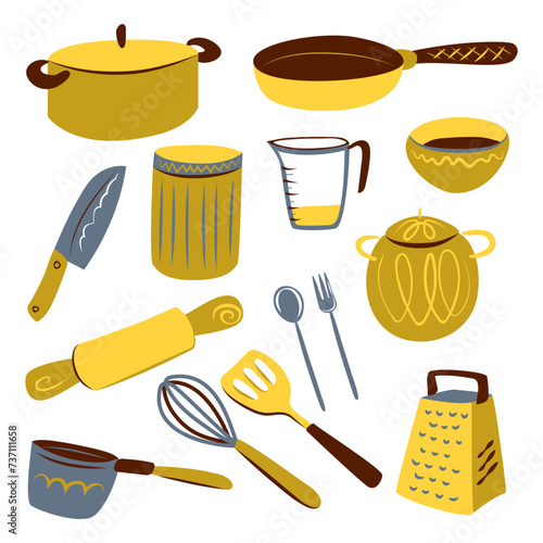 A simple image of a set of kitchen utensils and crockery in yellow, grey and burgundy colours on a white background