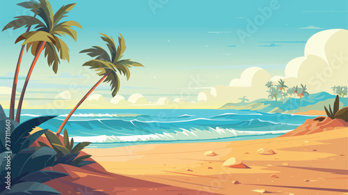 Fototapeta Naklejka Na Ścianę i Meble -  Tropical fantasy beach summer background, vector illustration, seaside view poster