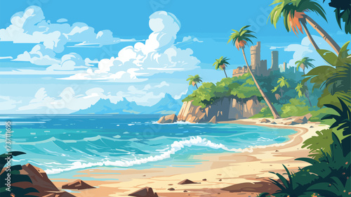Tropical fantasy beach summer background, vector illustration, seaside view poster