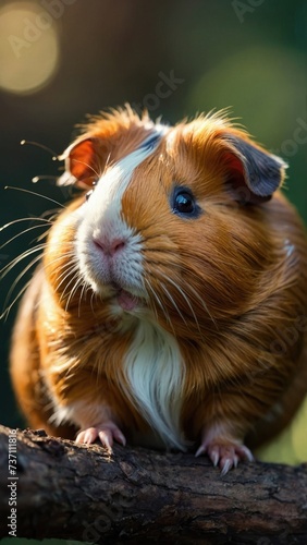 A close-up of a four chubby little Guinea Pig standing on a tall tree branch, Digital Art 