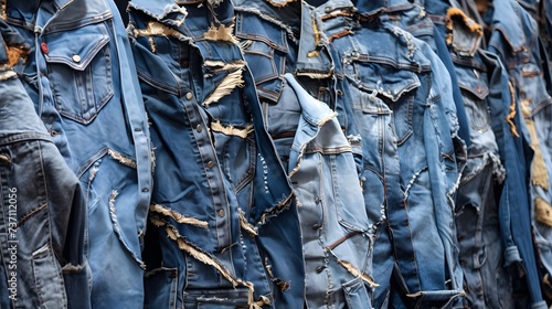 Recycling Old Jeans, Denim Upcycling Ideas, Repurposing Reusing Old Jeans cloth. Close up of recycled customized denim jackets