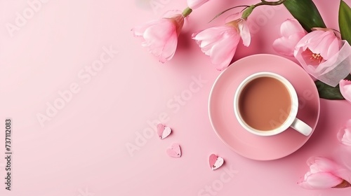 Pink flowers tulips on pink spring background with cup of coffee. Generative AI