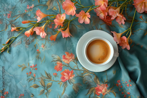 Pink Morning Bliss: Floral Coffee Cup on a Rustic Table