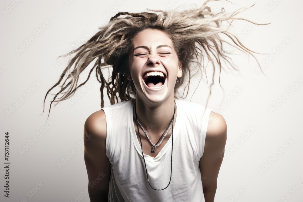 A portrait of a young woman with dreadlocks, radiating joy against a clean white backdrop.