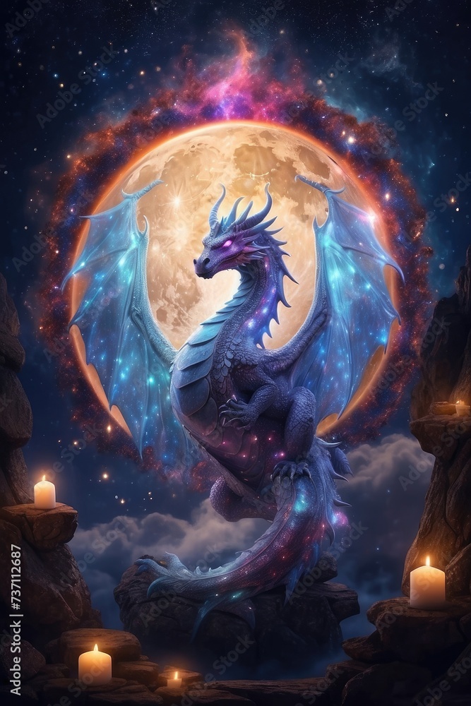 Fototapeta premium A Dragon Soars Through the Night Sky, Digital Art