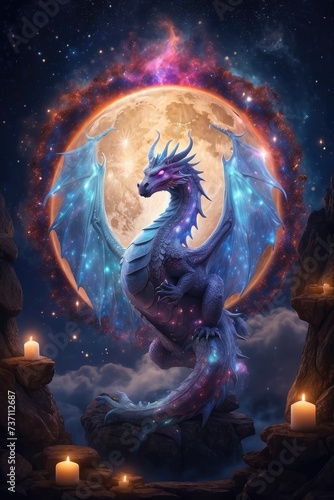 A Dragon Soars Through the Night Sky, Digital Art