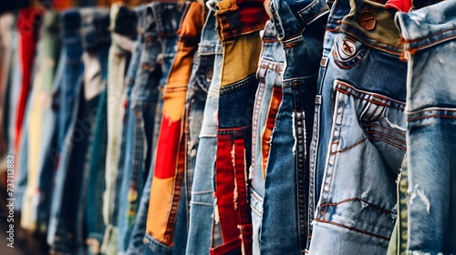 Recycling Old Jeans, Denim Upcycling Ideas, Repurposing Reusing Old Jeans cloth. Close up of recycled customized denim jackets photo