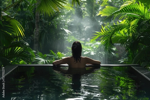 Tropical Serenity: Young Woman Enjoying Resort Pool Amidst Mountain Forests