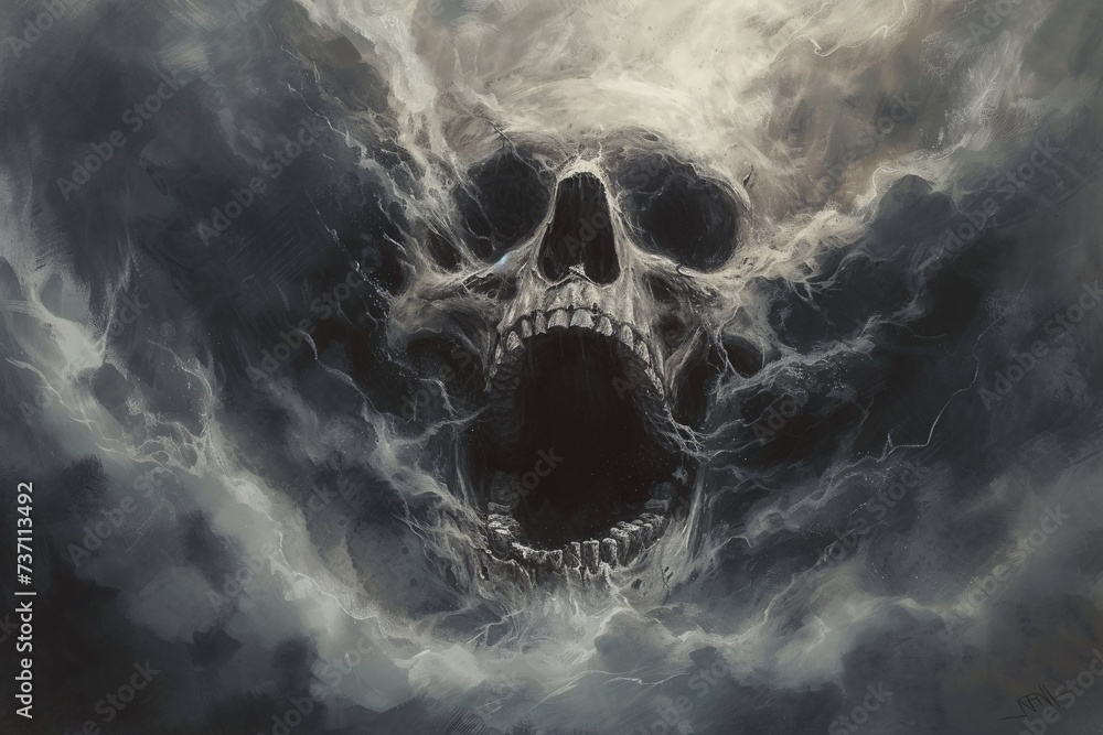 Skeleton Screaming in the Clouds A Hauntingly Beautiful Skull Artwork Generative AI - obrazy, fototapety, plakaty 