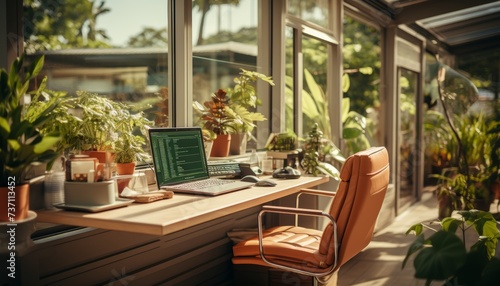designer or photographer workplace with laptop, large panoramic windows , a room with green plants