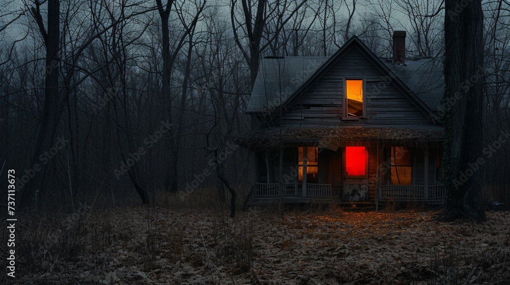 Obraz premium Haunted House in Autumn A Scary Night in the Woods Generative AI