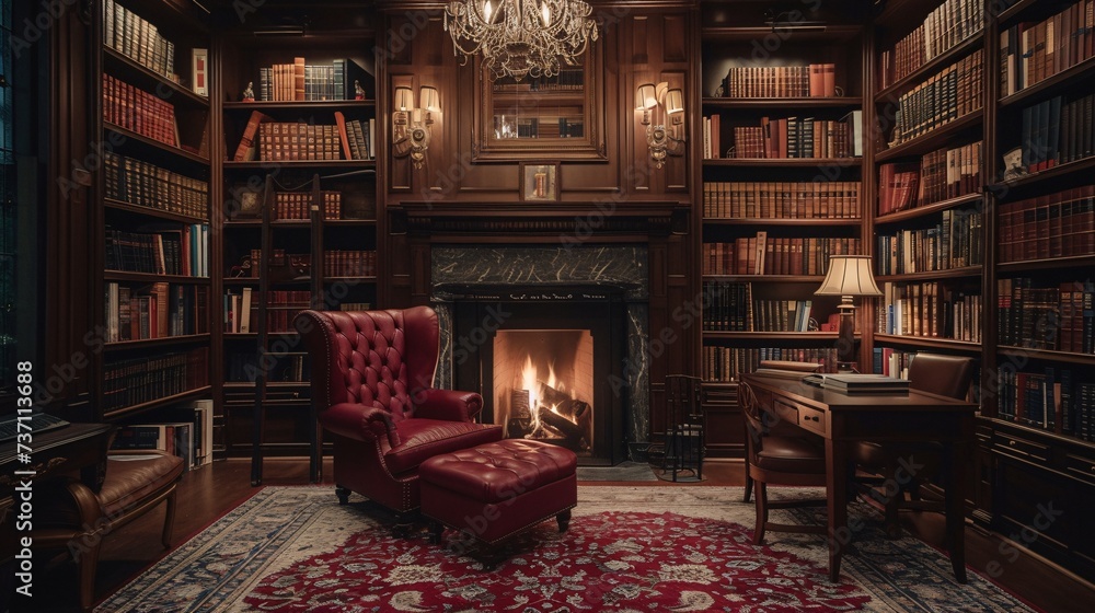 A Cozy Reading Nook with a Fireplace and a Red Chair Generative AI A Cozy Reading Nook with a Fireplace and a Red Chair Generative AI