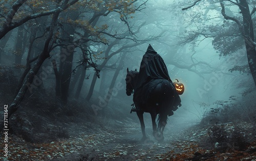 Halloween Horseback Riding A Spooky Ride Through the Trees Generative AI