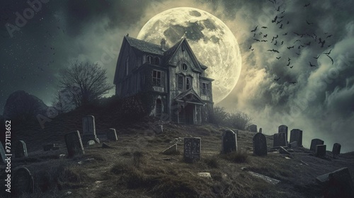 Ghostly House on the Hill A Hauntingly Beautiful Scene for Halloween Generative AI