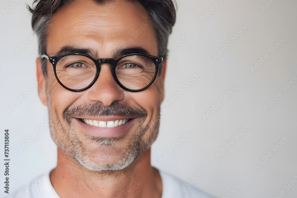 Closeup portrait of handsome man wearing eyeglass. Elegant man in glasses. Optics style for men - obrazy, fototapety, plakaty 