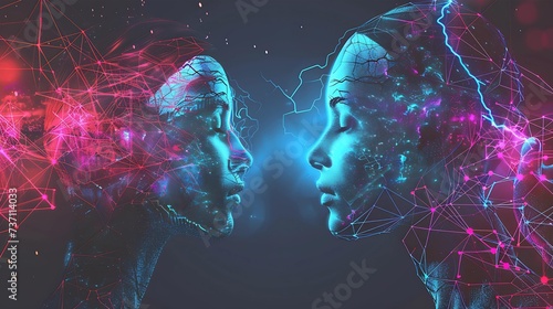 Digital artwork of two human profiles with interconnected lines and cosmic elements, representing neural network and artificial intelligence.