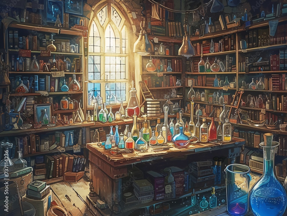 A Magical Bookshelf with a Glowing Window Generative AI