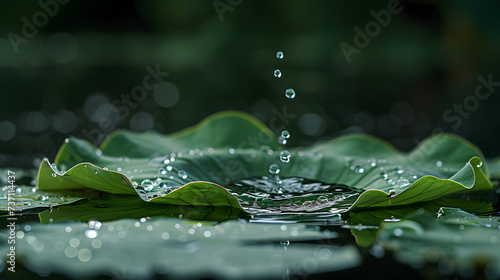 A dynamic photograph capturing water droplets in motion as they bead up and cascade down the inclined surface of a lotus leaf, illustrating the Lotus effect's dynamic functionality.