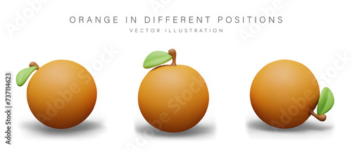 Realistic orange in different positions. Ripe bright citrus fruit