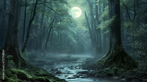 Moonlit Night in the Forest A Serene and Mystical Scene Generative AI photo