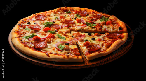 Delicious fresh pizza with vegetables and spices on wooden pizza board on table,, Pizza with ham mushrooms and cheese