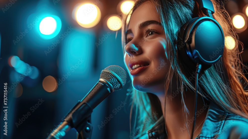 beautiful young woman sings into a microphone in a recording studio, singer, music, song, performance, hobby, voice, sound, show, girl, portrait, label, announcer, speaker beautiful young woman sings into a microphone in a recording studio, singer, music, song, performance, hobby, voice, sound, show, girl, portrait, label, announcer, speaker