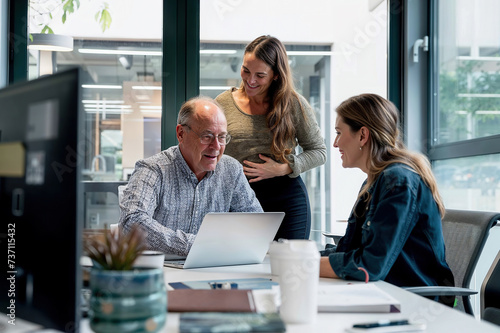 Family business, generational change. A father teaches his daughters the family business in the office. Generative AI.