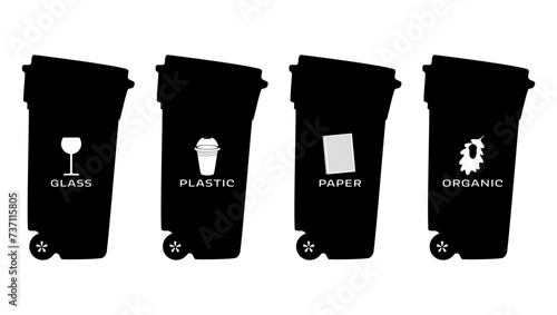 Trash sorting containers, black isolated silhouette