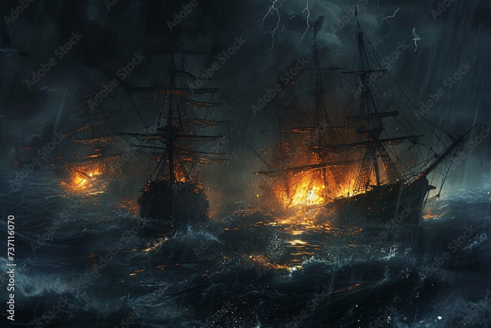 Fiery Nighttime Sail A Stormy Night with Sailboats and Lightning Generative AI