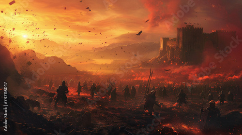 Canvas-taulu Paint a scene of two mighty armies colliding fiercely on a blood stained battlef
