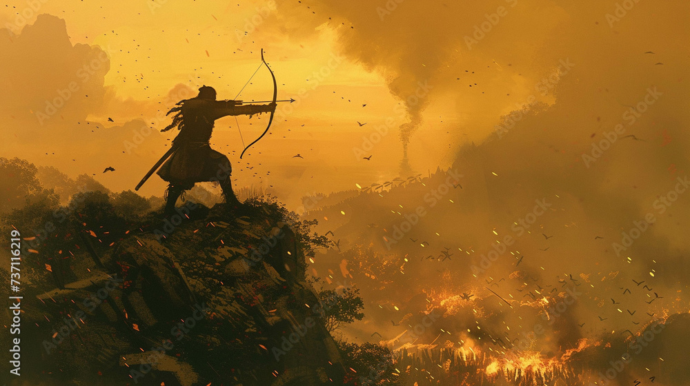 Show a lone archer positioned on a hill their arrow finding its target amidst the chaos of the battlefield - obrazy, fototapety, plakaty 