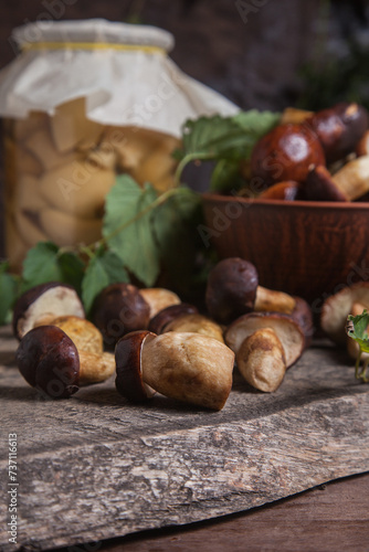 Pile of Imleria Badia or Boletus badius mushrooms commonly known as the bay bolete with canned mushroom in glass jar on vintage wooden background..