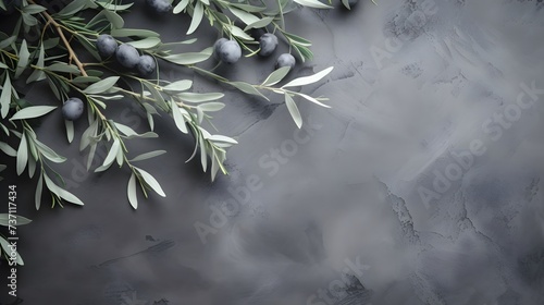 Wild olive branches on gray background. Copy space.
