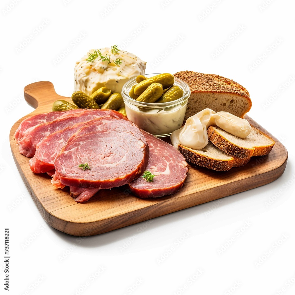 front view of Leberkäse with slices of Bavarian meatloaf, mustard, and pickles, served on a German deli board, food photography style isolated on a white background