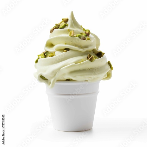 front view of pistachio soft serve ice cream in a white gelato cup isolated on a white background