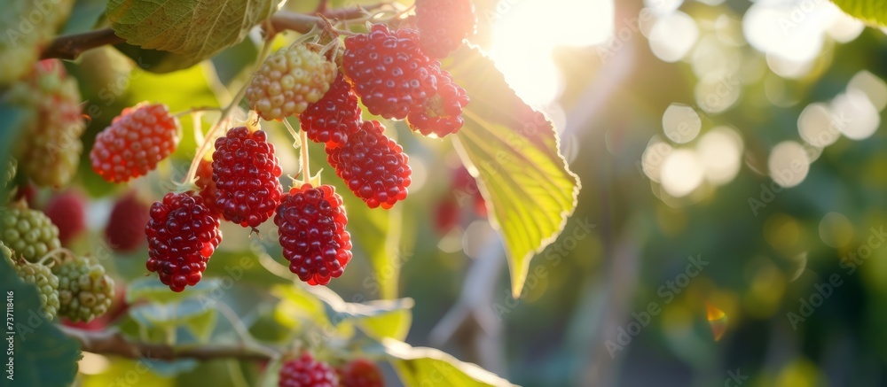 Pink mulberry harvest on a tree in the sun, agribusiness business concept, organic healthy food and non-GMO fruits with copyspace, banner

