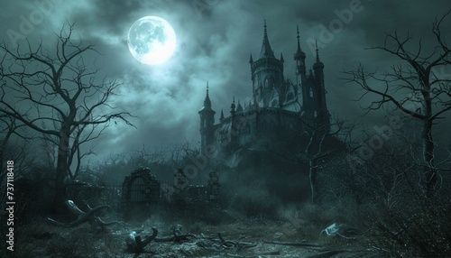 Moonlit Castle Ruins A Hauntingly Beautiful Nighttime Scene Generative AI