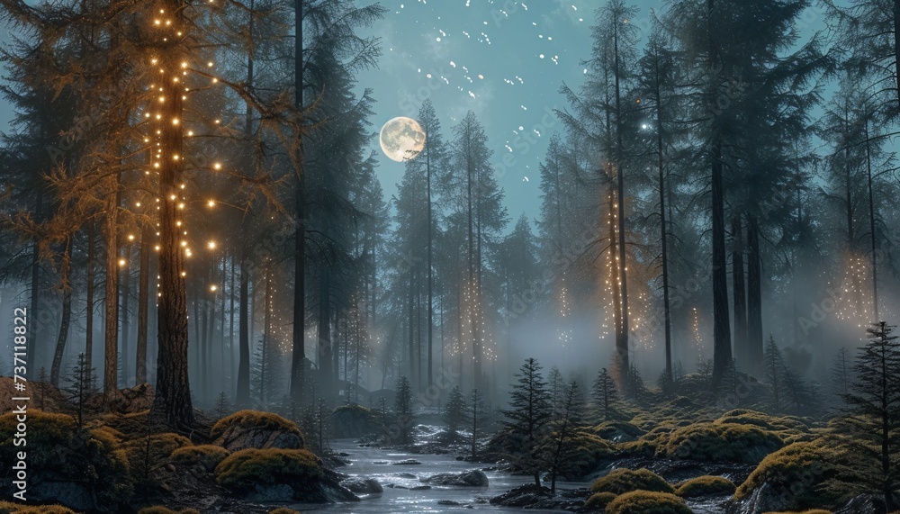 Naklejka premium Moonlit Forest A Celestial Nighttime Adventure Generative AI