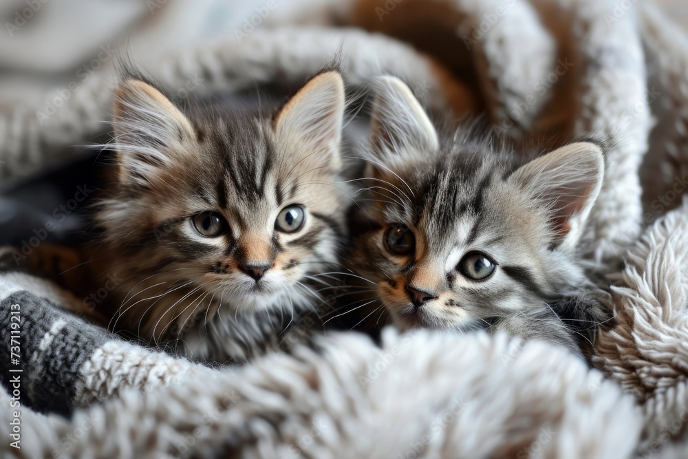 Two cute gray kittens lie peacefully covered with a blanket.