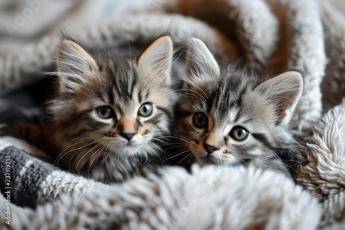 Two cute gray kittens lie peacefully covered with a blanket.