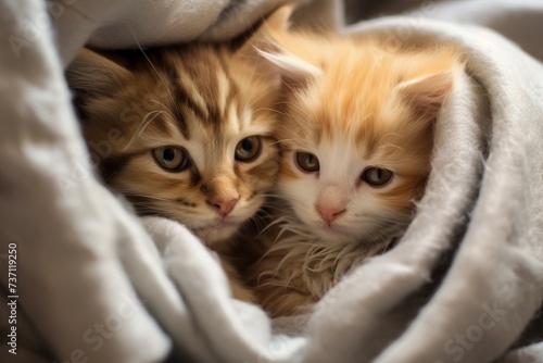 Two cute kittens lie peacefully covered with a blanket.