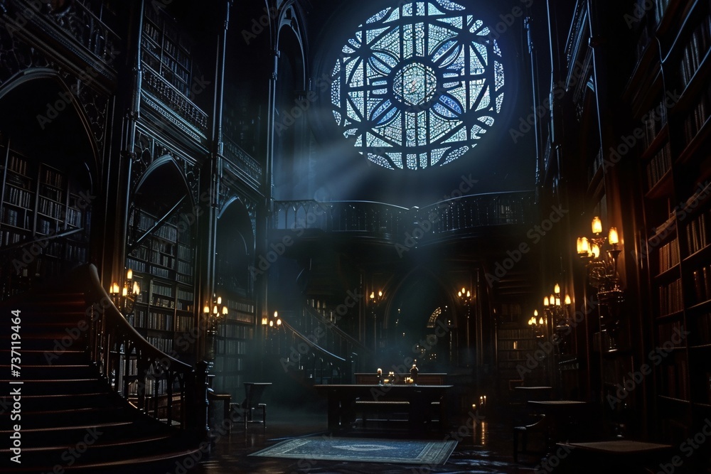 Obraz premium A Dark and Mysterious Library with a Stained Glass Window Generative AI