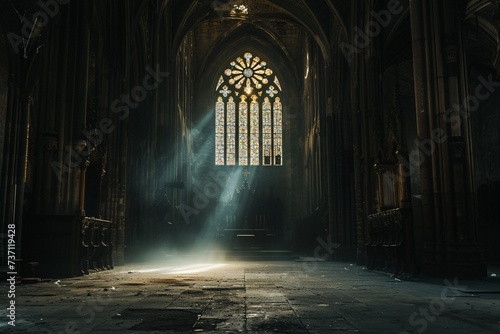 Fotobehang Glowing Sunbeam in a Gothic Cathedral A Solstice Celebration Generative AI