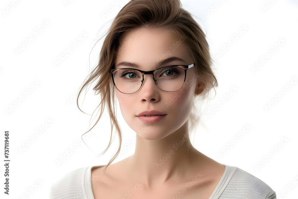 Closeup portrait of beautiful woman wearing eyeglass isolated on white background 