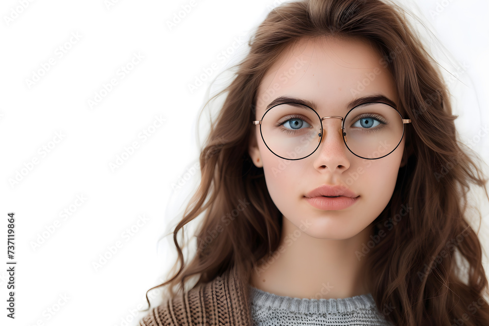 Obraz premium Closeup portrait of beautiful woman wearing eyeglass isolated on white background 