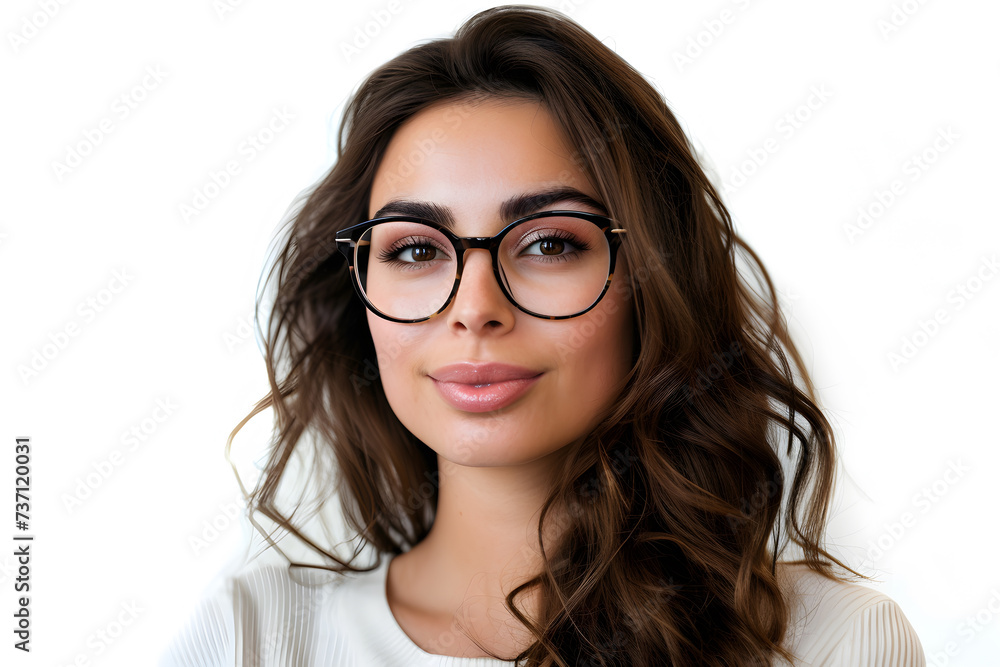 Closeup portrait of beautiful woman wearing eyeglass isolated on white background 