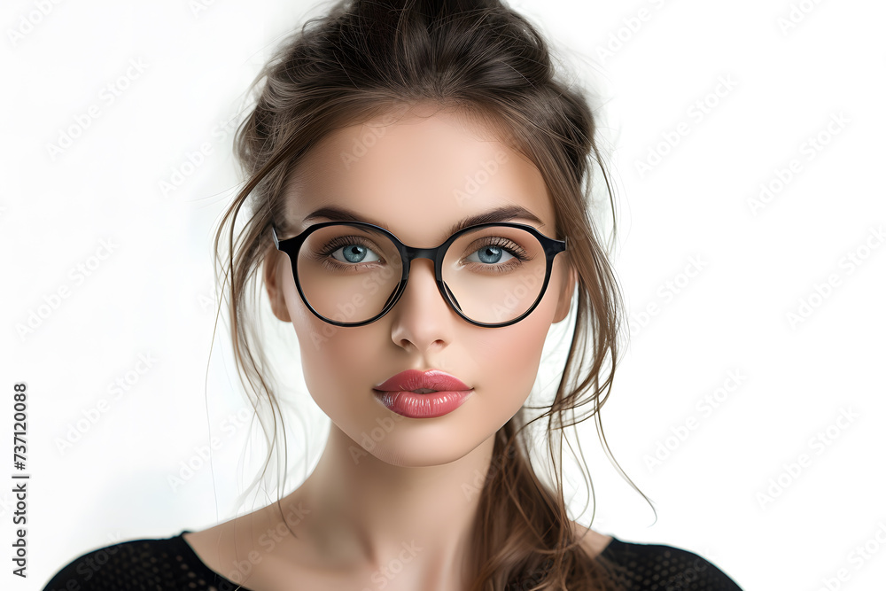 Fototapeta premium Closeup portrait of beautiful woman wearing eyeglass isolated on white background 
