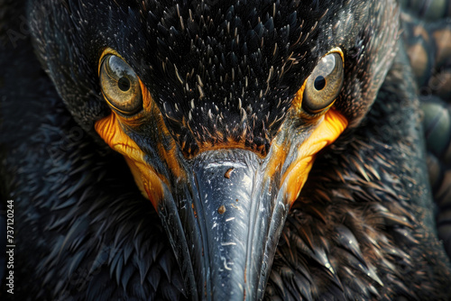 Close-up of a cormorant's face, revealing its intense gaze and distinctive features