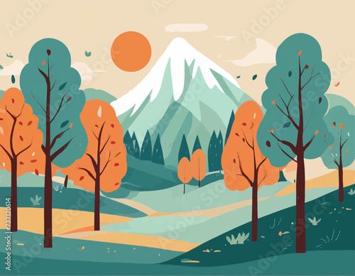 walking through the forest adventure illustration   nature scene with hiking track and trees 